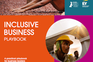 Cover of the Inclusive Business Playbook by Acumen and EY, featuring images of workers in agriculture and construction. The design includes bold colours with the tagline "A practical playbook for business leaders."